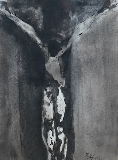 Denis Higbee (b.1925), monochrome watercolour, ‘Crucifixion’, signed and dated 1956, The Redfern Gallery label verso, 37cm x 26cm. Condition - good